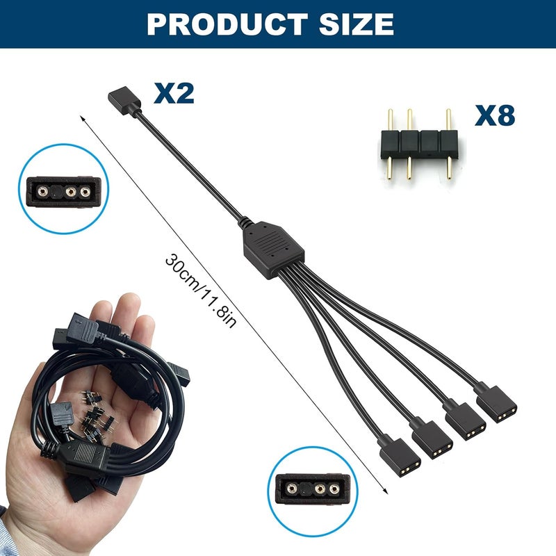 TNJPSEK 2 Pack 3Pin 5V ARGB Extension Cable Set with 8 Male Pins, 1-to-4 Addressable RGB Splitter Cable Female to Female Adapter for PC Case Fans LED Strips CPU Coolers Chassis Lighting System (Black) - Image 5